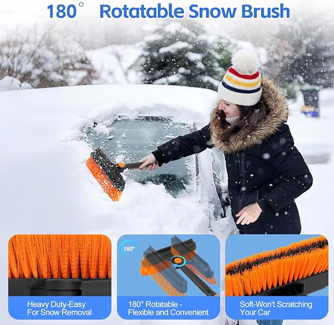 5-in-1 Ice Scrapers Snow Shovel Snow Brush Kit, 41" Ice Scrapers for Car Windshield with 180° Pivoting Brush Head & Squeegee, Extendable Aluminum Foam Grip for Cars, SUVs, Trucks - Orange