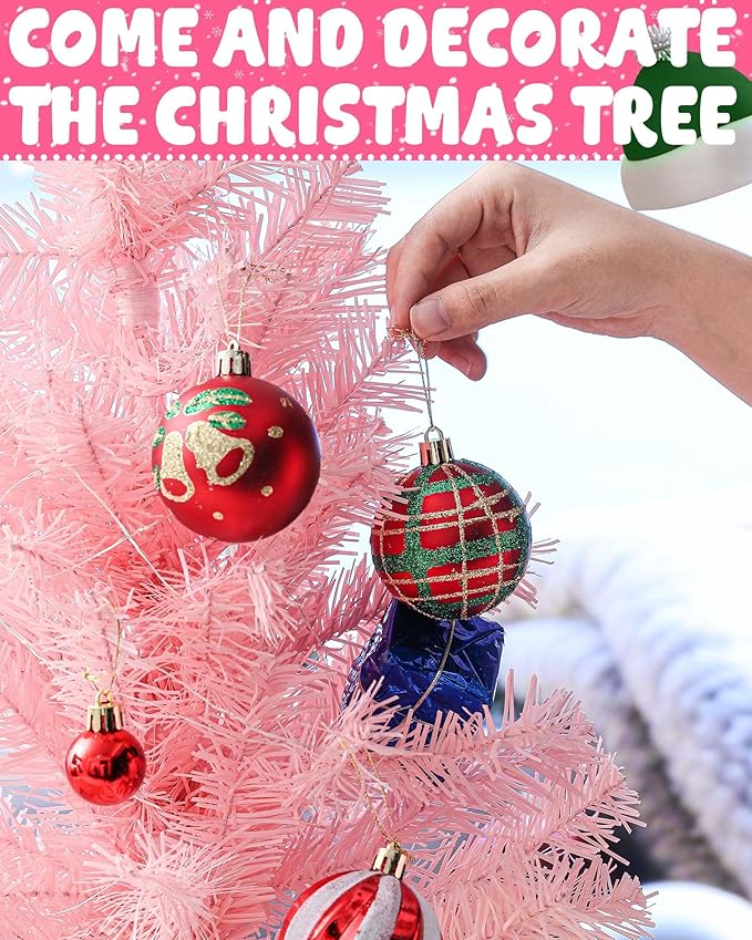 2FT Pink Rotating Christmas Tree with Music and LED Lights, 360° Spinning Tabletop Mini Xmas Tree with Base Christmas Decor for Small Space Home Office Desk Holiday Gift