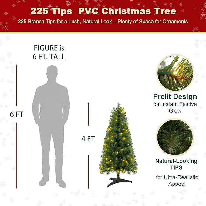 4ft Prelit Christmas Tree with 75 Warm White LEDs – 225 Tips, Hinged Branches, Plastic Stand – Small 4 Foot Christmas Tree for Bedroom, Office, Apartment Holiday Decor