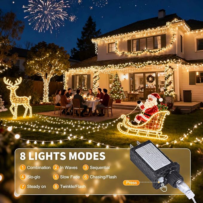 100 LED Christmas Lights 33 ft Christmas Tree Lights 8 Modes Plug-in with Memory Function White String Light for Bedroom Xmas Tree Wreath Patio Party Spring Outdoor Decorations