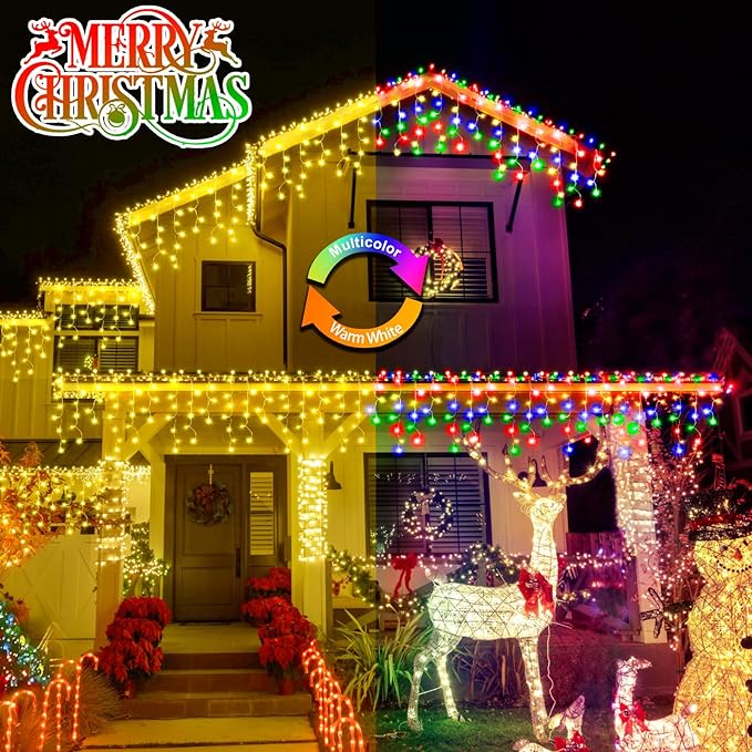 Heceltt Color Changing Christmas Lights, 2 Pack Total 98FT 960 LED Ice Lights for Outside with 180 Drops, 11 Modes Warm White to Multicolor Ice String Lights for Christmas Eaves Party Decorations