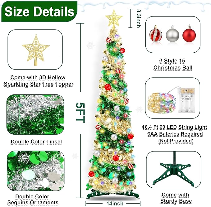 5FT Pop Up Christmas Tree with Timer 60 Warm White & Multi Color Fairy Light 3D Star 15 Ball Ornament, Green Gold Tinsel Christmas Tree Slim Pencil Xmas Tree Home Office Holiday Decor Indoor Outdoor