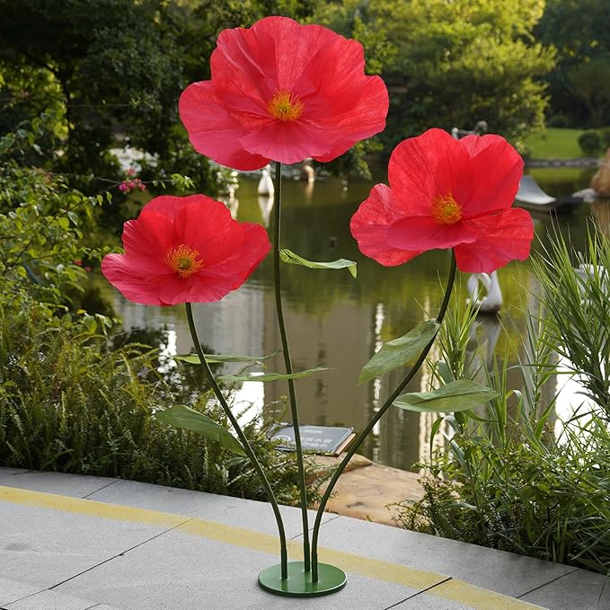 Large Paper Artificial Flowers,Giant Flowers for Decoration,Huge Handcrafted Poppy Fake Flowers with Stand for Home Decor Bridal Shower Party Outdoors Yard Event Backdrop Decor (red)