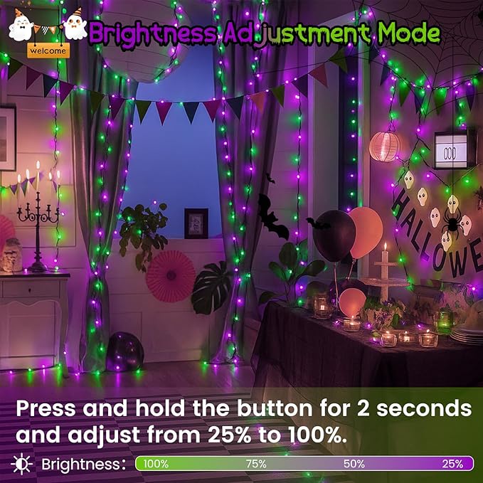 2-Pack 66FT 200 LED Extendable Halloween String Lights, Purple and Green Halloween Decorations Outdoor Indoor Tree Lights,13 Modes Plug in Mini Fairy Lights Waterproof with Timer and Memory Function