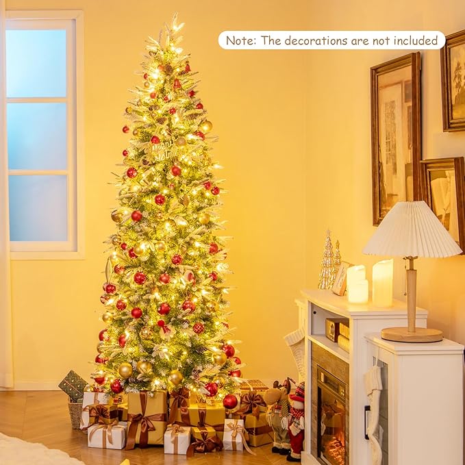 GOFLAME 7.5 FT Pre-Lit Pencil Christmas Tree Snow Flocked, Slim Artificial Xmas Tree with 913 Branch Tips, 350 LED Lights, 75 Natural Pine Cones, Hinged Holiday Decoration Tree for Home Office