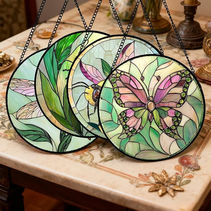 Stained Glass Window Hanging 4 Pcs Set Pink Green Insect Theme 9.8" - Butterfly Suncatcher Door Garden Sun Catcher Decor Birthday Christmas for Mom Woman Nana Men
