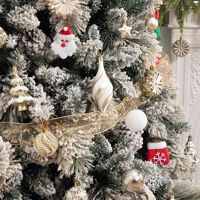 108 Pcs Christmas Ball Ornaments Set, Champagne Gold and White Shatterproof Hand-Painted Hanging Bulbs Decoration for Xmas Tree, Wreath, Garland, Home Holiday Decor