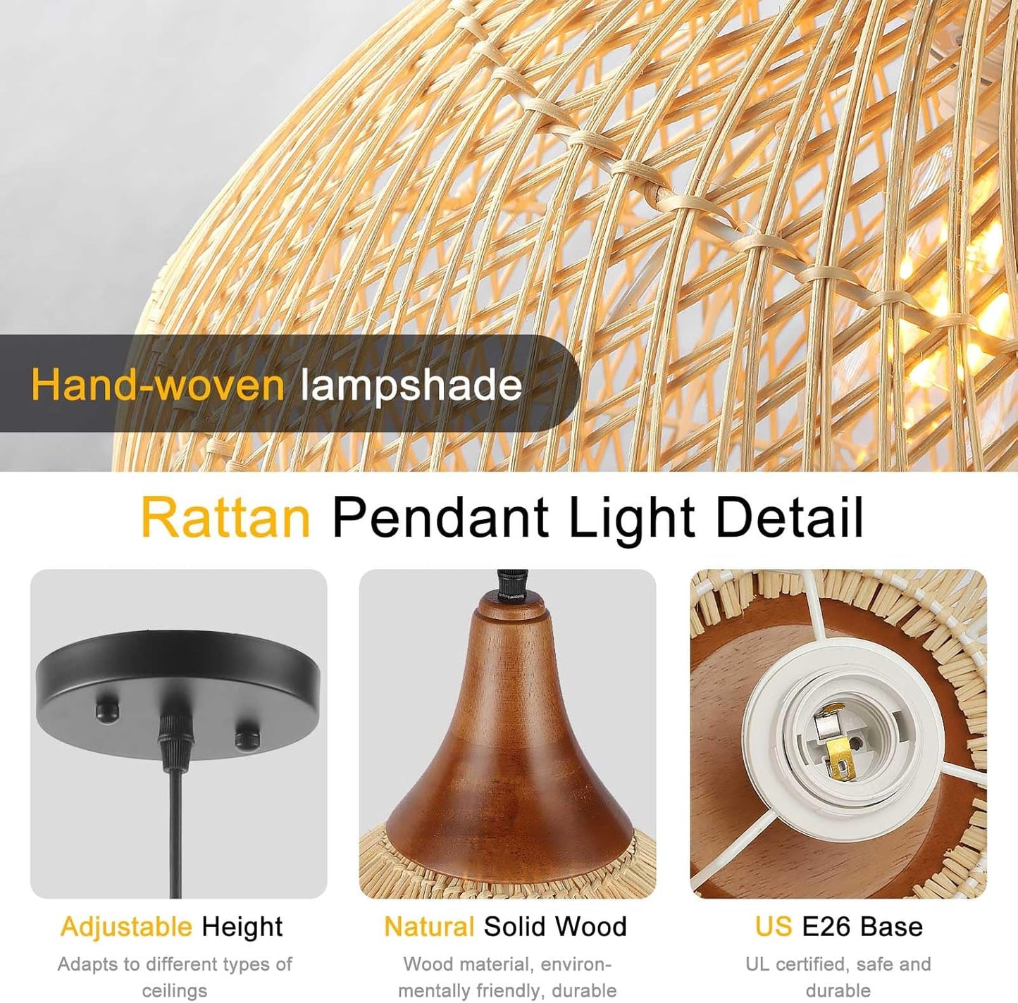 Rattan Pendant Light, 15.7" Rattan Chandelier Hand-Woven Boho Pendant Light Fixtures with Solid Wood, Basket Wicker Chandelier for Dining Room Kitchen Island Living Room