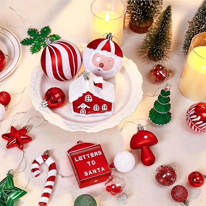 SHareconn 80ct Christmas Balls Ornaments Set, Shatterproof Plastic Colorful Xmas Decorative, Baubles for Tree Decorations with Hanging Strings, Red, Green & White