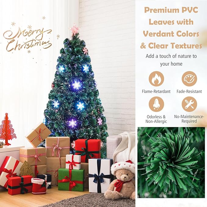 Goplus 5ft Pre-Lit Fiber Optic Christmas Tree, Artificial Xmas Full Tree with Colorful Snowflake LED Lights, 170 Branch Tips, Foldable Metal Base, for Office Home Holiday Decor