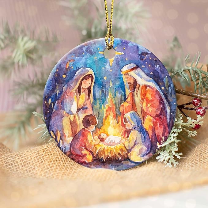 Nativity Night Ornaments Nativity Scene Round Ceramic Watercolor Birth of Jesus Christ Hanging Ornament Christmas Keepsake Decor for Xmas Tree Winter Holiday Xmas Gift for Women Men 3"