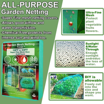 Garden Barrier Netting, Plant Covers 10x33ft Extra Fine Mesh 30% Green Sunblock Shade Cloth Mesh Protection Netting for Vegetable Fruits Flowers Crops Row Cover Raised Bed Screen Against Birds Animal