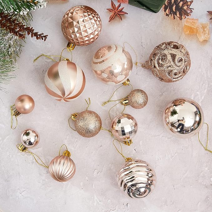 100Pcs Christmas Ball Ornaments Set, Assorted Shatterproof Christmas Tree Balls, Decorative Hanging Baubles Set for Holiday Weeding Party Home Decorations, Rose Gold