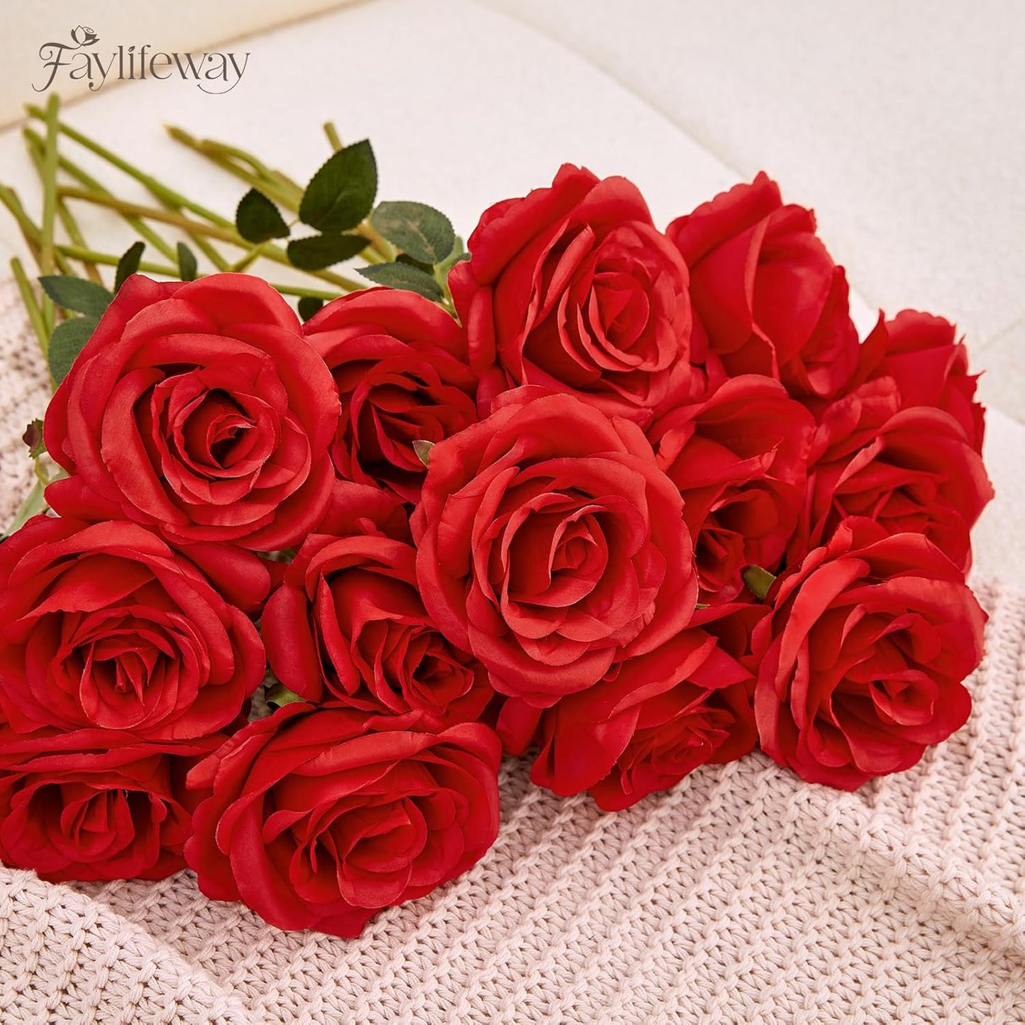 50PCS Artificial Red Roses, 3.9'' Silk Flower Head Fake Red Rose with Long Stems, Realistic Faux Roses Bouquet for DIY Wedding Home Party Office Decoration