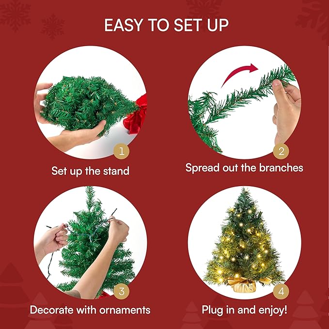 JOIEDOMI 24"/2FT Small Tabletop Christmas Tree with LED Warm Lights, Table Top Christmas Decorations Pre-lit Artificial Xmas Tree, Green Mini Tree for Christmas Decorations Indoor Xmas Party Décor