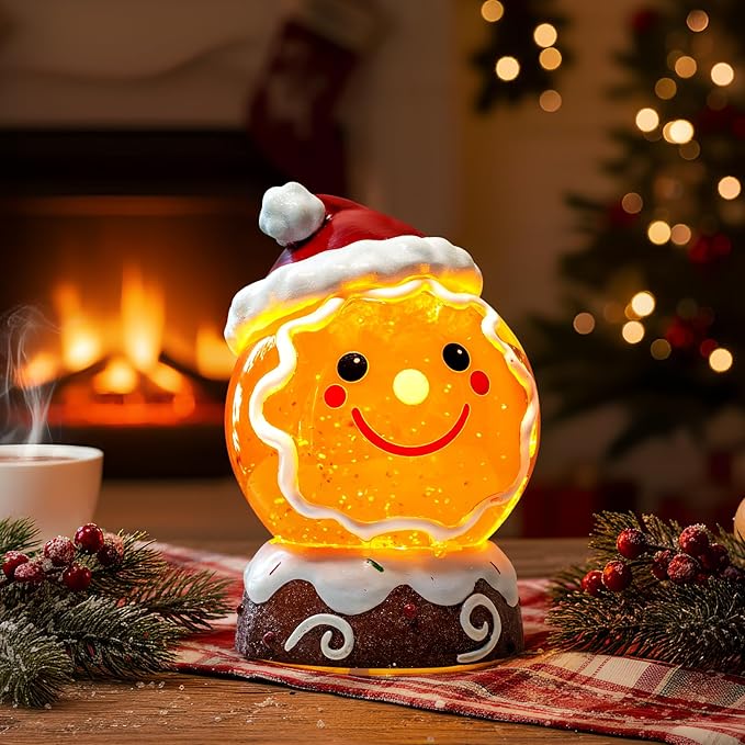 Christmas Music Snowglobe Water Lantern Gingerbread Man Smiling Wind Lantern with Christmas Hat Decoration Table Centerpiece Used for Home PartyDecoration, USB Wired Festival Gift