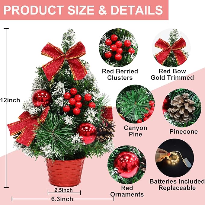 4 Pack 12 Inch Mini Christmas Trees with Lights Table Top Christmas Tree for Office in Basket Base Snowy Red Bows Berries Christmas Decorations Miniature Christmas Tree Tabletop Desk Home Decor