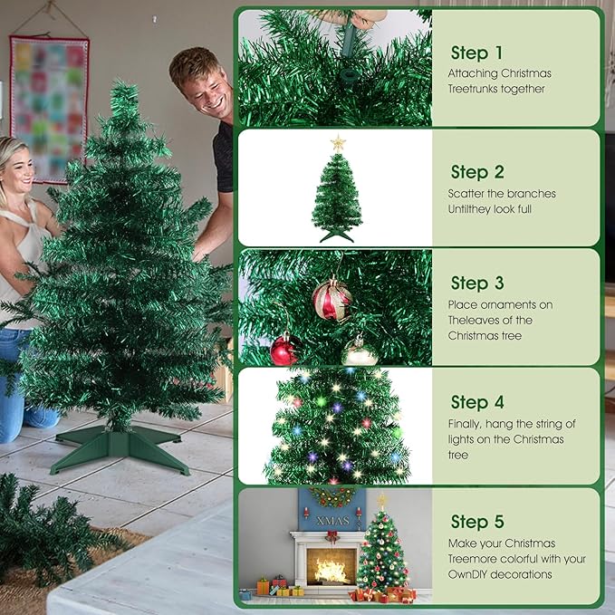 3Ft Christmas Tree with Lights, Table Christmas Tree with 50 LED 12 Modes, 3D Star, 15 Hanging Ball Ornaments, Small Prelit Xmas Tree for Tabletop, Home and Office (Green)