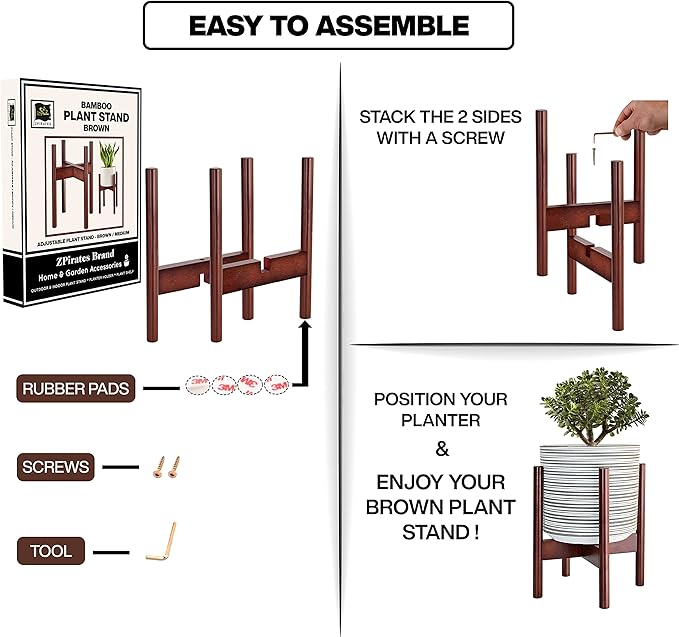 ZPirates Wood Plant Stand for Corner and Floor - Holds Tall/Short, Faux/Fake, Living Plants and Flowers - Adjustable Sideways, Fits Small to Large Round Planter Pots - Indoor, Outdoor Patio