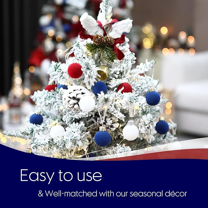 Sea Team 64-Pack Miniature Flocked Velvet Christmas Tree Ball Ornaments Set, Hanging Velour Baubles, Shatterproof Plastic Decorations for Xmas Tree, Wreath, Garland, 30mm/1.18 Inches, US Flag
