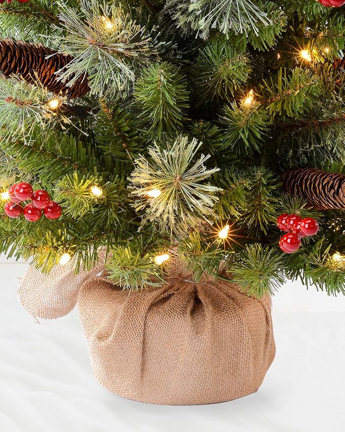 3ft Pre-Lit Artificial Christmas Tree with 70 LED Lights Mini Xmas Trees, Cement Burlap Base Basin, for Home Tabletop, Green