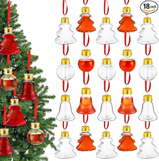 Patelai 18 Pcs Christmas Drink Balls Clear Shot Glass Ornaments Xmas Tree Fillable Ornaments Plastic Xmas Water Bottle Bulbs for Holiday Party Decorations(Round, Bell, Christmas Tree,50 ml)