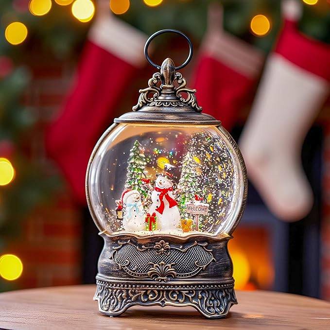 Snow Globe Lights Welcome Snowman Scene Tree Scene Music Box, USB and Battery Powered Christmas Decorations Presents.