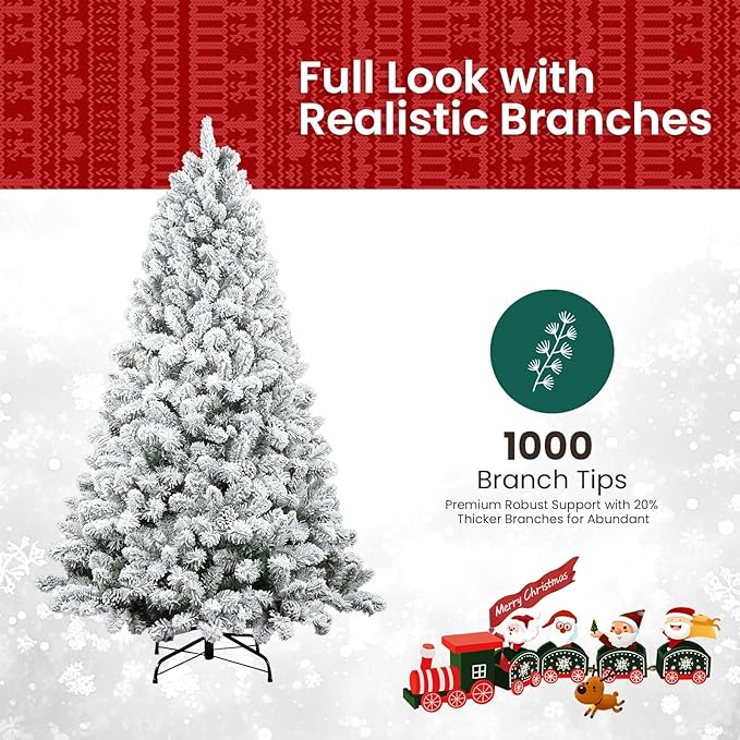 7ft White Artificial Christmas Tree with Snow Flocked Branches, Realistic Full Shape Xmas Tree with Sturdy Metal Stand for Indoor Holiday Decoration