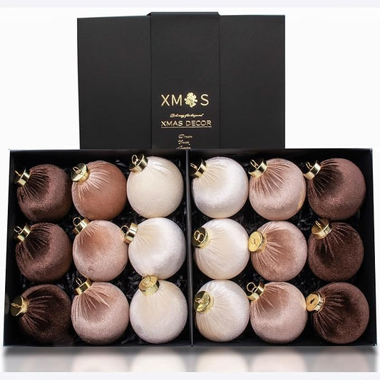 18PCS Velvet Christmas Ornaments – Large Matte Flocked Shatterproof Baubles for Xmas Tree Decoration, Neutral Hanging Ornaments for Holiday Home Décor (Dark Light Brown, Cream White, 3 Inch / 8 cm)