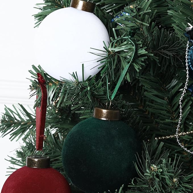 24 Pcs Velvet Christmas Balls Bulk Shatterproof Plastic Christmas Tree Decorations for Decorative Hanging Baubles (24, Wine red、Blackish Green、White, 2.36Inch)