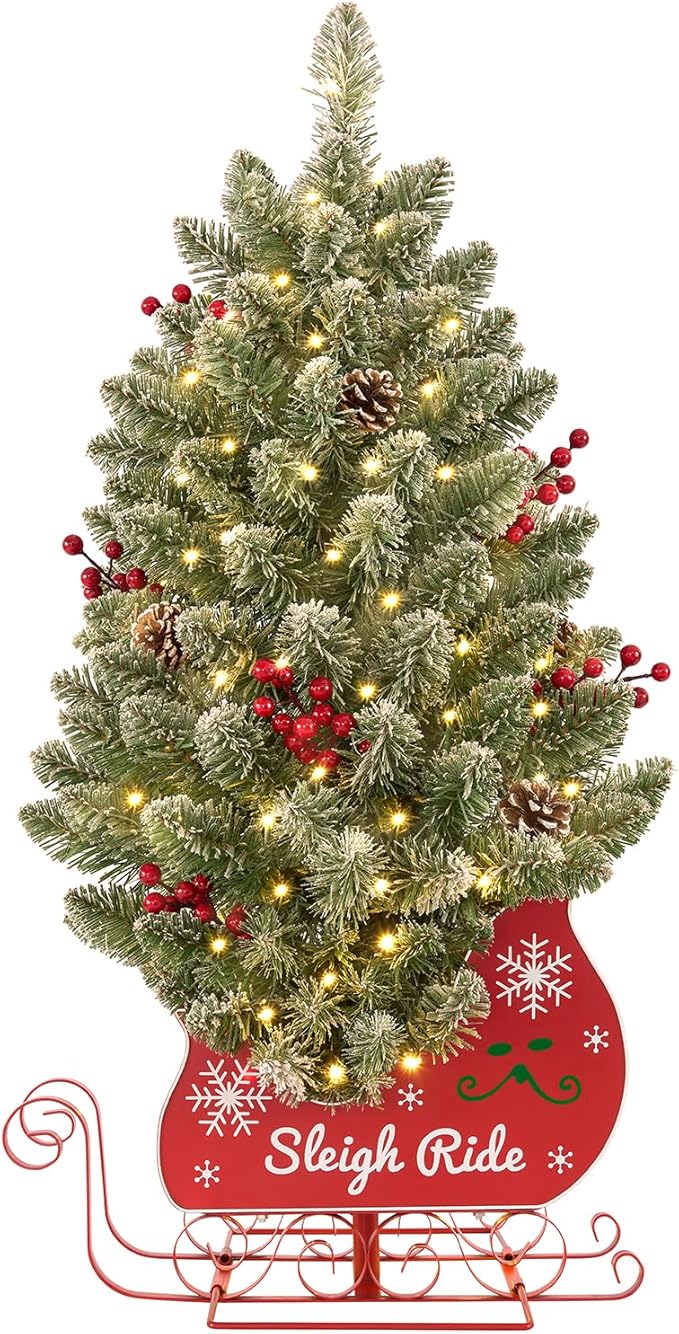 3 Ft Pre-Lit Christmas Tree, Frosted Artificial Christmas Tree with 78 Led Lights,8-Mode Battery Box,Timer Battery,Red Berry,Christmas Decoration for Home, Office,Fireside,Easy Installation