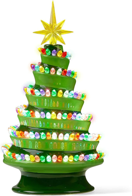 JOIEDOMI 12" Novelty Ceramic Christmas Tree, Lightup Tabletop Xmas Tree with 220 Spiral-Arranged LED Lights, Classic Retro Porcelain Tabletop Decor for Xmas Indoor Office Decorations