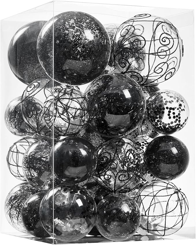 Wironlst Christmas Ball Ornaments Shatterproof Clear Large Plastic Hanging Ball Decorative Baubles Set with Stuffed Delicate Decorations (Multi-Size, Black)