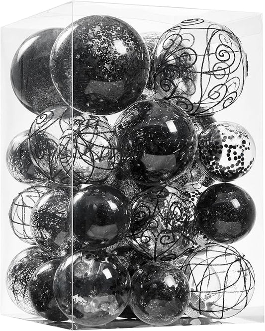 Wironlst Christmas Ball Ornaments Shatterproof Clear Large Plastic Hanging Ball Decorative Baubles Set with Stuffed Delicate Decorations (Multi-Size, Black)