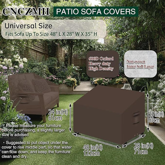 Heavy Duty Patio Sofa Covers Waterproof, Outdoor 3-Seater Couch Cover Waterproof, 600D Outdoor 2-Seater Loveseat Furniture Covers with Air Vent Handle 48''W x 28''D x 24''H/ 35''H Brown