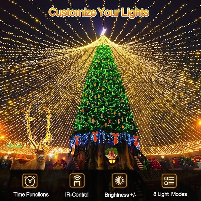 JXLEDAYY 403FT 1000 LED String Lights Outdoor Fairy Lights Plug in Christmas Lights Clear Wire with Remote Timer 8 Modes for Outside House Garden Party Wedding Decorations-Warm White