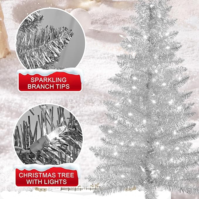 4ft Artificial Full Silver Christmas Tree with Separate Lights, Not Pre-lit Mini Silver Tinsel Pine Christmas Tree, 50 Lights, Small Xmas Tree for Home, Office, Party Decoration, Indoor