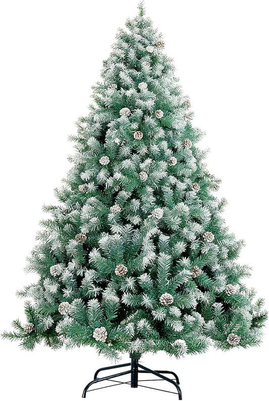7ft Green Artificial Christmas Tree with Pine Cones and Snow Flocked Branches, Realistic Full Shape Xmas Tree with Sturdy Metal Stand for Indoor Holiday Decoration