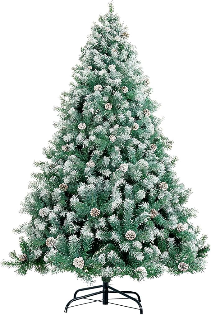 6ft Green Artificial Christmas Tree with Pine Cones and Snow Flocked Branches, Realistic Full Shape Xmas Tree with Sturdy Metal Stand for Indoor Holiday Decoration