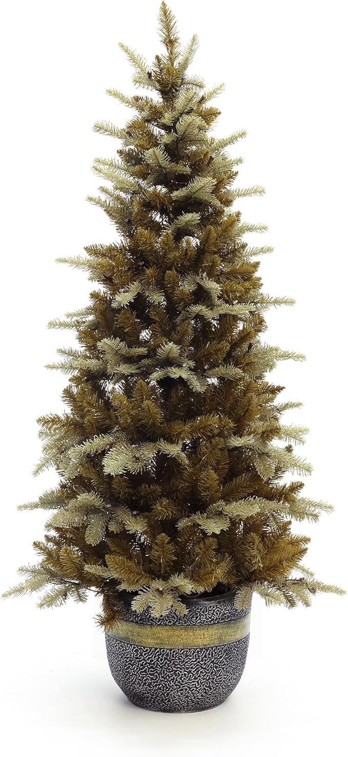 LuxenHome 4FT Potted Christmas Tree, Gold Glitter Slim Small Prelit Artificial Christmas Trees with 150 Warm White LED Lights, Faux Pine Tree with Modern MgO Pot for Indoor and Outdoor Holiday Decor