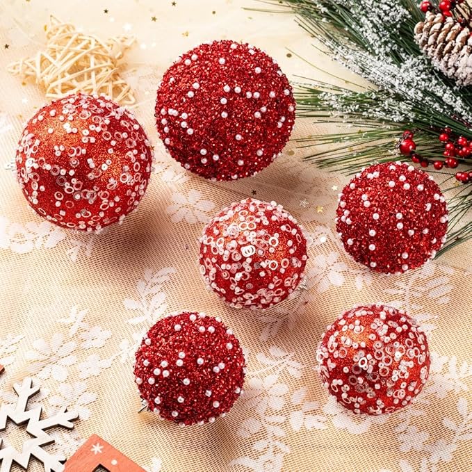 8CT Christmas Ball Ornaments, Red Christmas Ball Decorations Shatterproof Plastic Hanging Pearl Balls for Holiday Party(90mm/3.54")