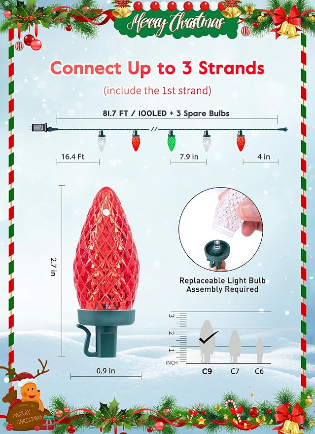 C9 LED Christmas Lights Outdoor, 81 Feet 100 LED String Lights with Timer & 8 Light Mode, Waterproof Connectable Christmas Tree Lights for Outside Indoor Roofline Patio Decor, Red, Green & Pure White