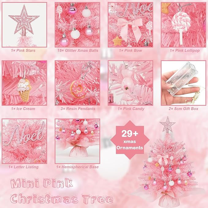 Wangchao Craft 20" Mini Pink Christmas Tree Table Top Artificial Xmas Tree Small Christmas Tree with Lights, Star Treetop and Balls, Tabletop for Girls Rooms