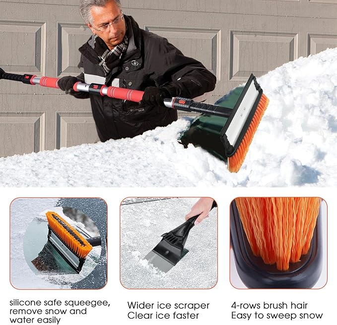 FOVAL 62.4" Extendable Ice Scraper Snow Brush with Squeegee for Windshield Window Car Trucks SUVs, 270° Pivoting Brush Head, Essential Winter Tool Ice Snow Remover with Comfortable Foam Grip