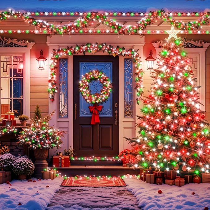 XURISEN Christmas Lights Outdoor 197FT 500 LED Green Wire String Lights 8 Modes with Timer Memory Waterproof Fairy Light Plug in for Xmas Tree Wedding Yard Party Holiday Decorations(Red+Green+White)