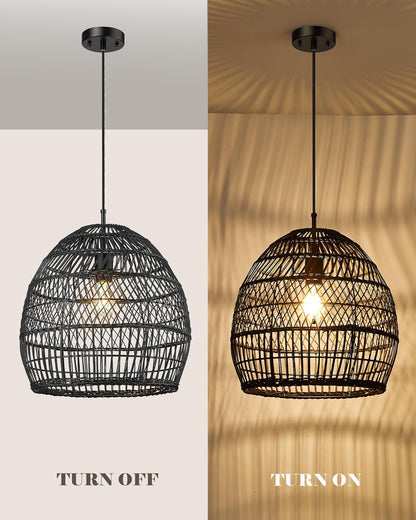 ELYONA 16” Large Rattan Pendant Light, Modern Black Wicker Chandelier, Hand Woven Boho Basket Hanging Light Fixtures for Farmhouse Dining Room Kitchen Island Living Room Bedroom Foyer (40cm*40cm)