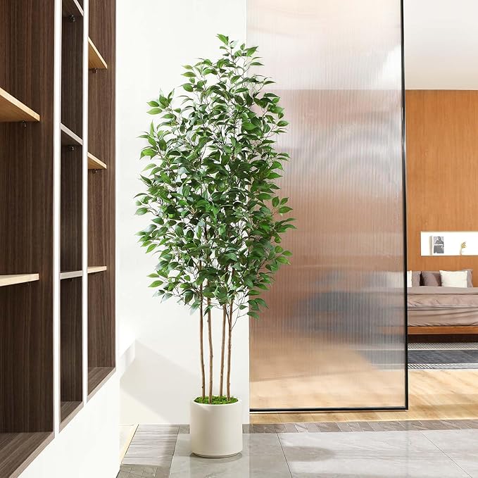 Ficus Artificial Tree 7ft Fake Silk Plant for Home Decor Indoor, Faux Tree in White Imitation Ceramic Planter Fake Floor Plant for Living Room and Home Office Corner Indoor Decor, Set of 1