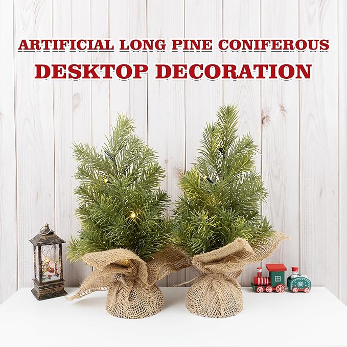 Set of 2 Mini Christmas Tree, 12 in Pre-lit Tabletop Xmas Decorations with 8 Warm LED Lights, Battery Operated with Timer, Burlap Base Artificial Pine Tree for Indoor Desk Office Dorm