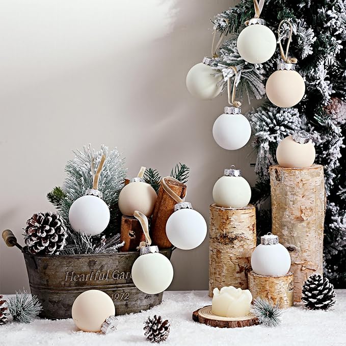 12 Pcs Neutral Matte Christmas Ball Ornaments 2.4 Inch Rustic Boho White Cream Beige Xmas Bulbs Ornament Vintage Xmas Baubles Modern Christmas Decor for Tree Farmhouse Holiday Decor