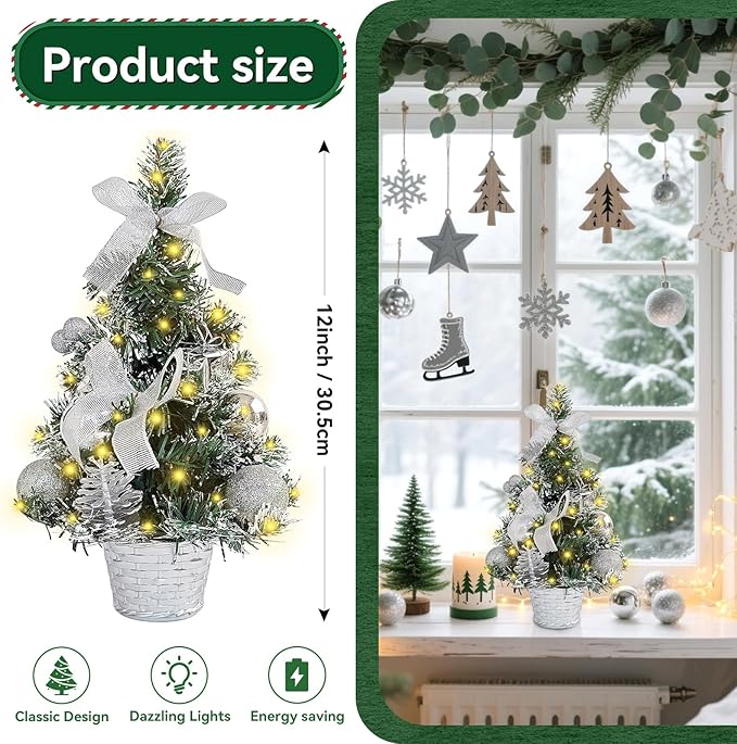 Tabletop Christmas Tree 11.81Inches Mini Artificial Christmas Tree with LED String Lights, Tabletop Small Xmas Tree for Holiday Indoor Christmas Decorations Silver
